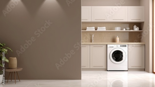 Blank beige brown wall with arch doorway to laundry room, modern design kitchen with counter, utility room with washing machine, shelf and square tile, Generative AI photo