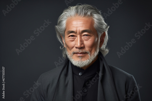 Studio portrait of a real japanese mature man looking at camera with relaxed expression, The man has around 50 years and has grey hair beard © alisaaa