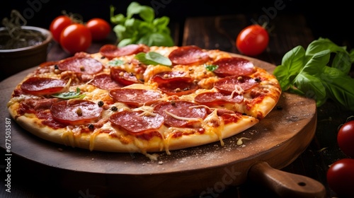 Italian Pepperoni pizza with salami on dark wooden background close up. Italian traditional food. Popular street food.