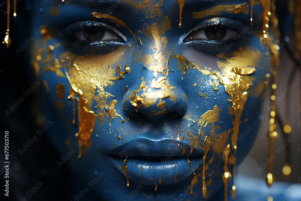 Portrait of a beautiful woman with creative make-up and golden paint. ia generative