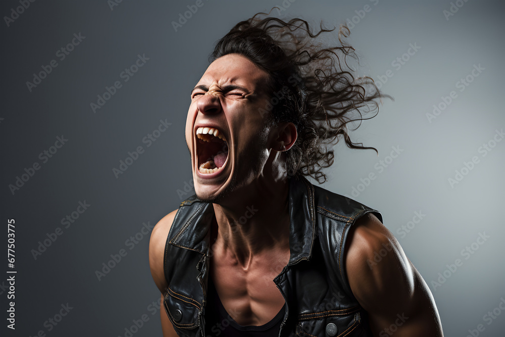 Fototapeta premium Angry man screaming in leather jacket. Studio shot on grey background. ia generative