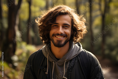 Portrait of a young man with a backpack in the park trekking concept. ia generative