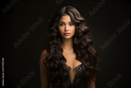 Portrait of a beautiful young woman with long curly hair on black background. ia generative