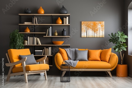 Interior of modern living room with gray wall, with orange sofa, armchair and bookcase. ia generated photo