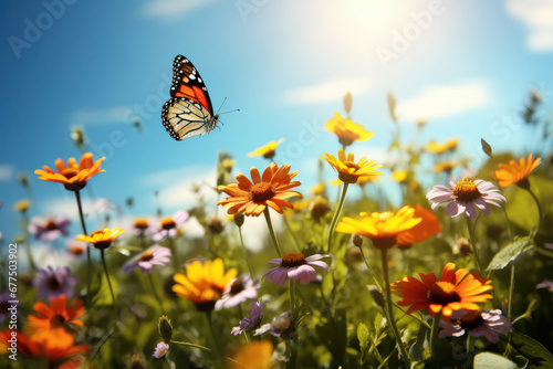 Vibrant elegance Butterfly elegantly soaring over vibrant blooms. AI Generative magic captures the vibrant charm and natural elegance of this scene. © Alisa