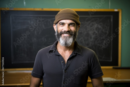 Teacher smiling in front of the chalkboard
