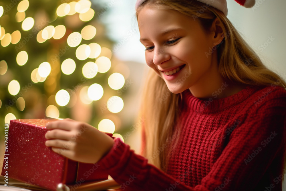 Teenage girl opening her Christmas gift and smiling Teenage girl opening her Christmas gift and smiling