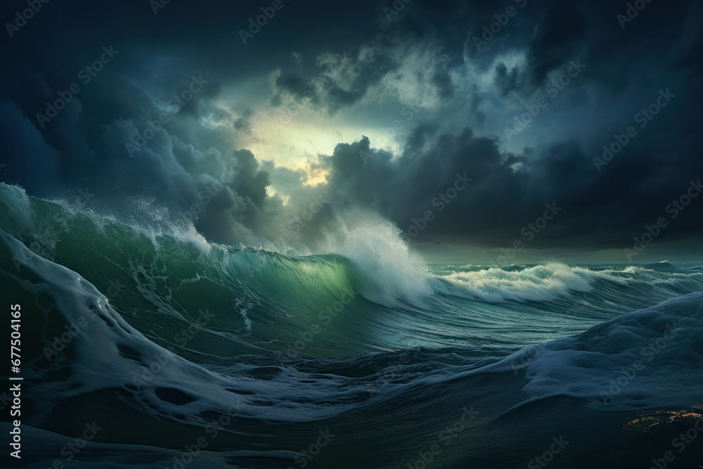 Dynamic force Huge wave surges in storm's power. AI Generative marvel adds to the wild movement and dramatic energy of this tempestuous seascape.