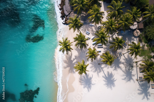 A bird's-eye view of a pristine beach and swaying palm trees, an aerial masterpiece. AI Generative coastal allure from above.