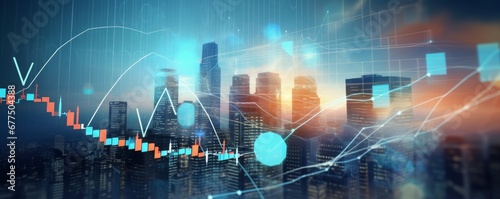 Trading and real estate investing concept with graph data and digital stock market, Financial and banking on business skyscrapers background, Generative AI photo