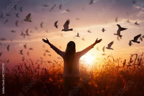 Woman praying and free bird enjoying nature on sunset background, hope concept, Generative AI