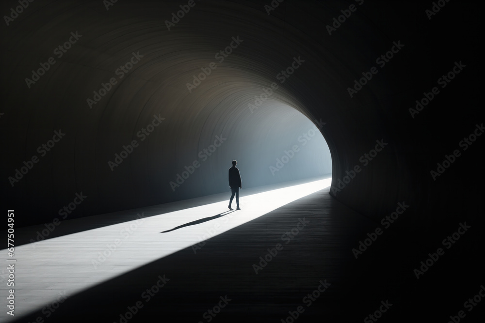 Silhouette of a man with light at the end of a tunnel - obrazy, fototapety, plakaty 