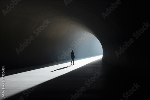 Silhouette of a man with light at the end of a tunnel photo
