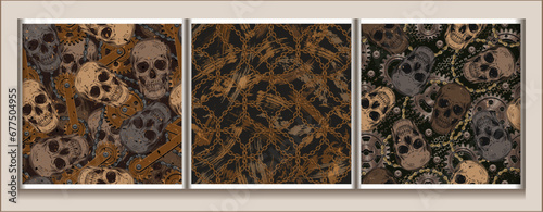 Brown camouflage patterns with human skulls, rusty mechanism with gears, bike chain. Dark scary gothic illustration in steampunk style. For apparel, fabric, textile, sport goods.