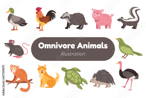 adorable omnivore animal illustration set
