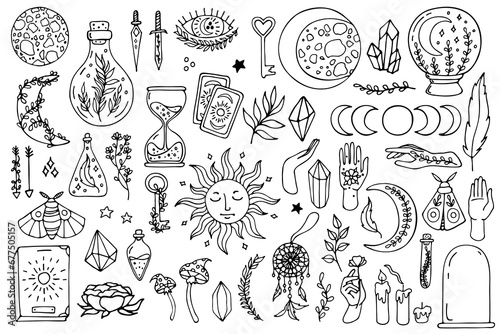 Set of doodle esoteric symbols. Magical, occult, spiritual illustrations with sun, moon, flowers, eyes, hands, moth, hourglass. Line art vector collection photo