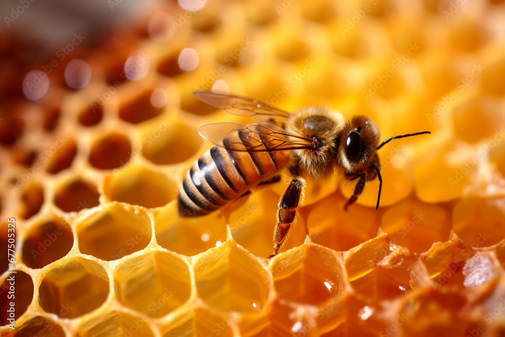 Closeup view of fresh honeycomb with bee Closeup view of fresh honeycomb with bee