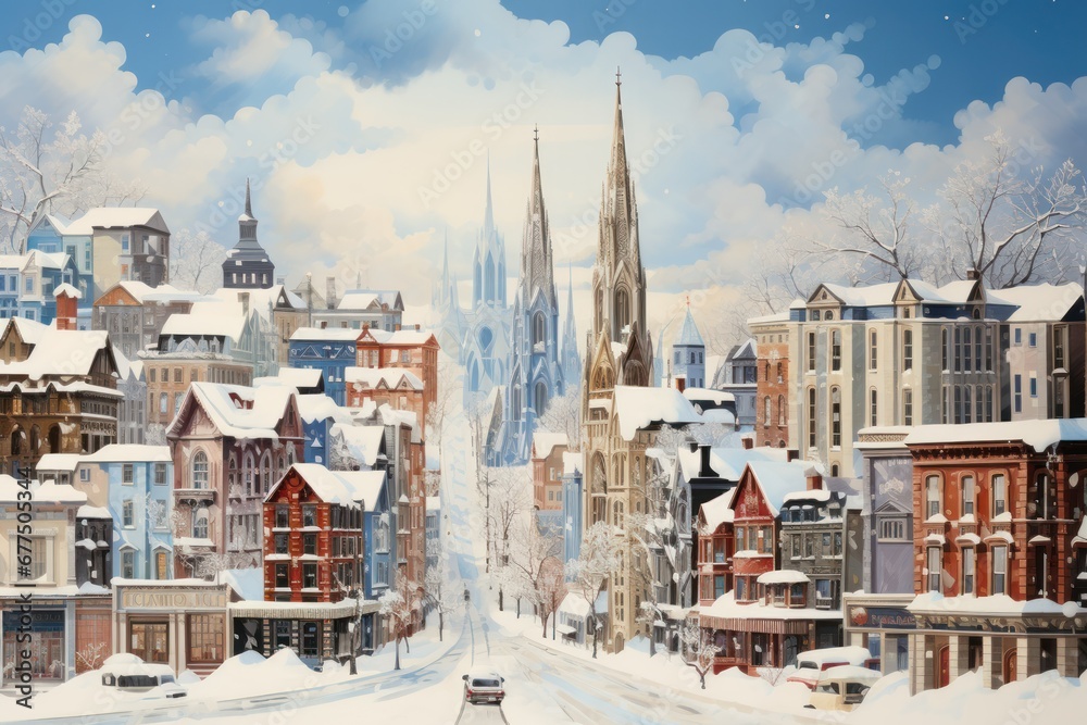 Obraz premium Snow-Covered Architecture: Iconic buildings and historic landmarks blanketed in snow can make for striking images. - Generative AI