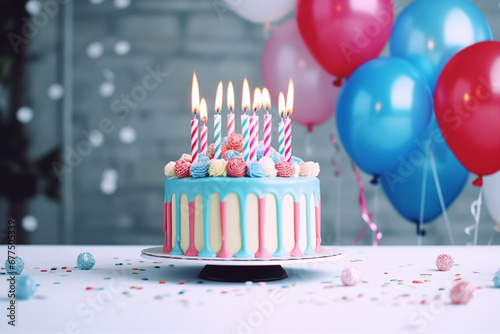 Colorful striped buttercream birthday cake with birthday candles and balloons