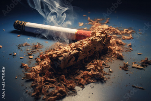 Prioritize health and well-being. This photo of a lit cigarette butt on a wooden floor conveys the importance of quitting smoking. is AI Generative.