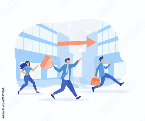 Business competition. Three business persons racing on the arrows, flat vector modern illustration 