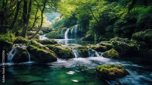 Picturesque waterfall in the forest, wildlife beauty monitor wallpaper. Clear water pouring over rapids and stones of the forest, green trees. © dinastya