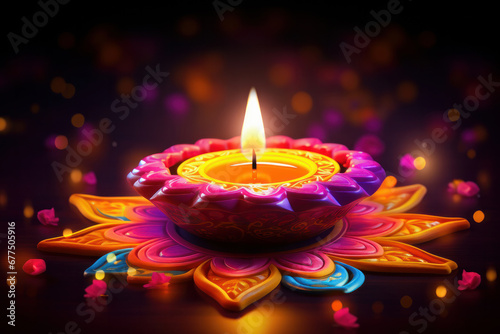 A festive display of light, Clay Diya lamps shine during Diwali, creating a colorful and beautiful celebration. AI Generative.