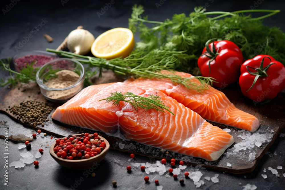 Fresh raw salmon and ingredients for marinade on light grey table, closeup Fresh raw salmon and ingredients for marinade on light grey table, closeup