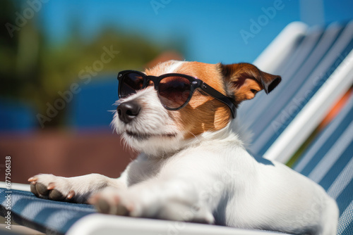 Chilling by the water, this dog in sunglasses embodies vacation bliss. It's all about sun, sea, and AI Generative relaxation. © Alisa
