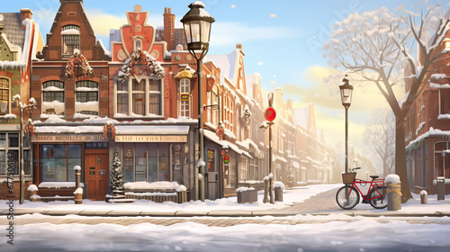 New Year illustration. Snowy streets of a small town