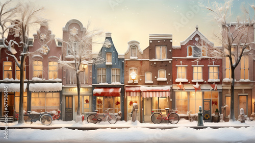 Fototapeta Naklejka Na Ścianę i Meble -  New Year illustration. Snowy streets of a small town