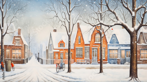 Fototapeta Naklejka Na Ścianę i Meble -  New Year illustration. Snowy streets of a small town