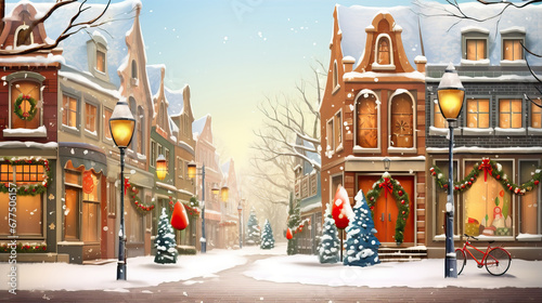 Fototapeta Naklejka Na Ścianę i Meble -  New Year illustration. Snowy streets of a small town