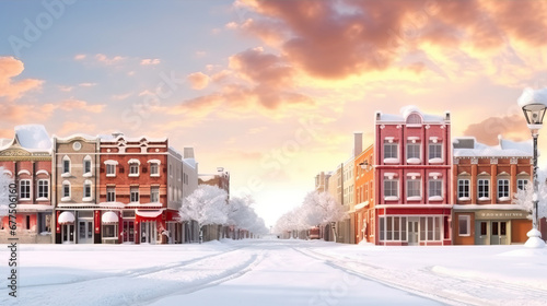 Fototapeta Naklejka Na Ścianę i Meble -  New Year illustration. Snowy streets of a small town