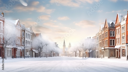 Fototapeta Naklejka Na Ścianę i Meble -  New Year illustration. Snowy streets of a small town