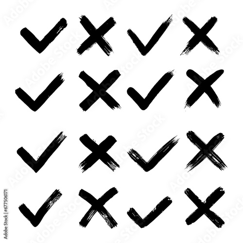 Grunge hand drawn brush strokes cross X and tick OK check marks V vector illustration set isolated on white background. Check mark symbol NO and YES buttons for vote in the box, web, etc.
