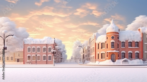 Fototapeta Naklejka Na Ścianę i Meble -  New Year illustration. Snowy streets of a small town