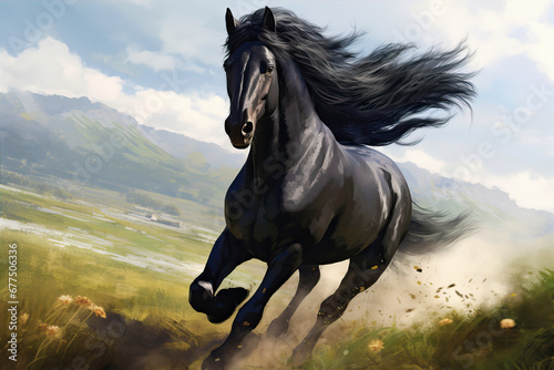 Beautiful black horse runs across the field