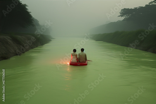 Couple sailing on a boat on a dark, green river