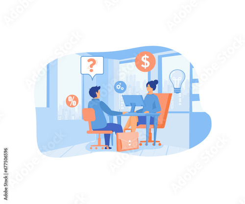 Financial Consultation. Businessman talking with female financial consultant. Investment planning, banking. flat vector modern illustration 