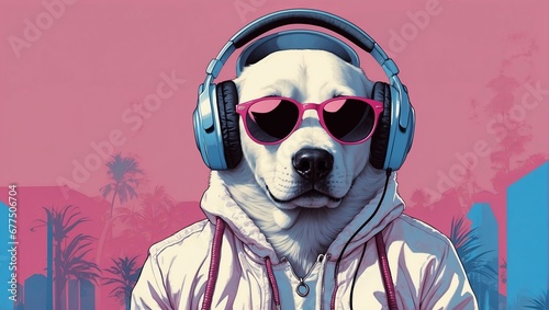 illustration of fantasy character with dog head in sunglasses and headphones wearing white jacket listening to music against pink and blue background. Ai Generative Art