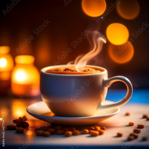 mug of hot coffee on the background of bright bokeh  cozy background. artificial intelligence generator  AI  neural network image. background for the design.