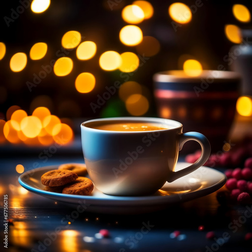 mug of hot coffee on the background of bright bokeh, cozy background. artificial intelligence generator, AI, neural network image. background for the design.