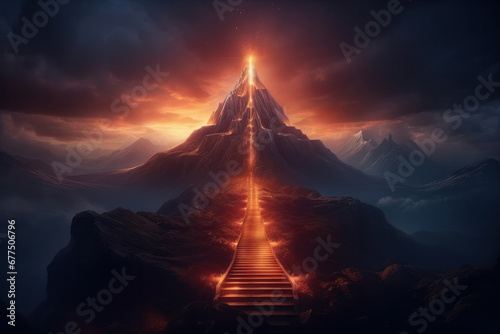 Stairway to a mountain's top at dusk a magical summer ascent. Vector art of nature's beauty. AI Generative.
