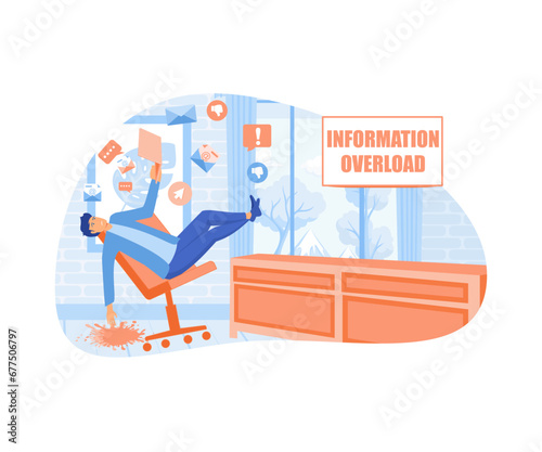 Input overloading. Young manfalls from a chair under the pressure of information from a laptop.  flat vector modern illustration 