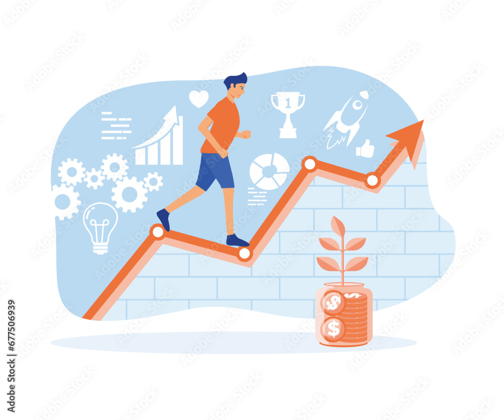 Self development. Growth of finance and success on work. Training, education, practice, start-up, leadership. flat vector modern illustration Self development. Growth of finance and success on work. Training, education, practice, start-up, leadership. flat vector modern illustration