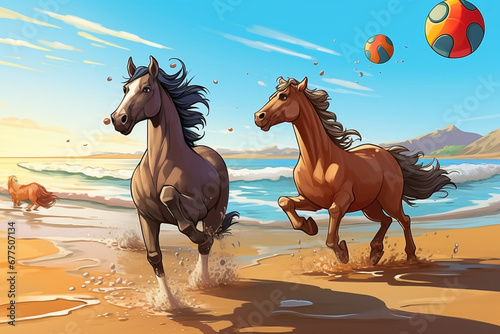 horses playing volleyball on the beach