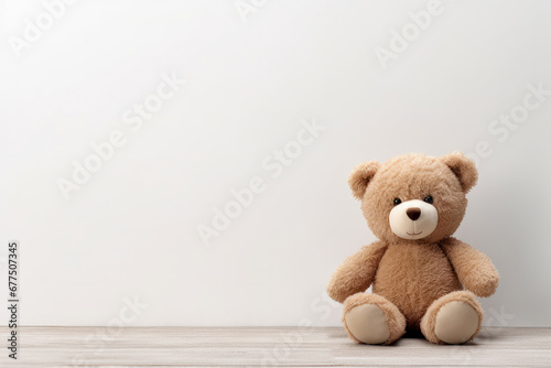 An adorable pink teddy bear, full of innocence and joy, sits on a white table. This cute childhood companion is AI Generative.