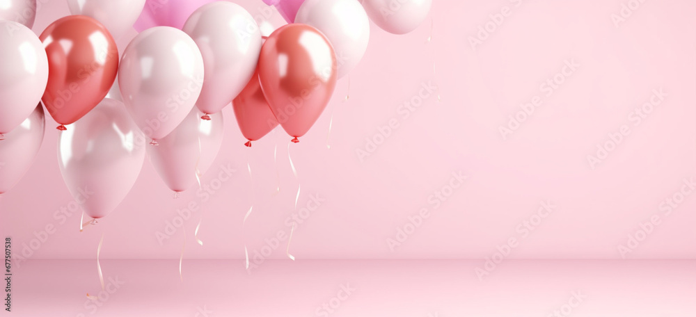 Pastel balloons on pink background, New year, Christmas and Birthday party background, Copy space