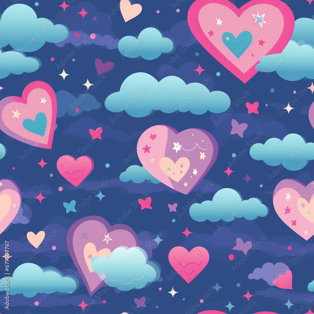 Romantic Skies Heart Shaped Clouds, Stars, and Moons
